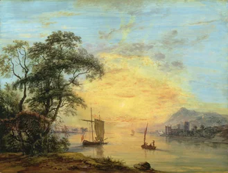 Walisisk flodlandskab ved solnedgang, ca. 1775-1800